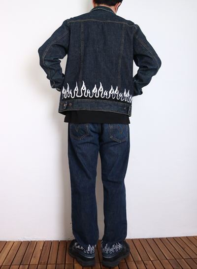 EDWIN flame embroidery denim trucker jacket